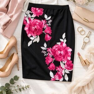 Alfani 1X Black Pink Floral Pencil Skirt Stretch Knee Length